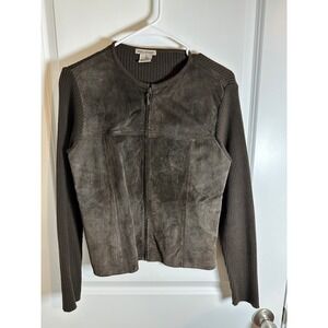 Escapade Suede Leather‎ Knit Trim Zip Front Long Sleeve Cardigan Sweater
